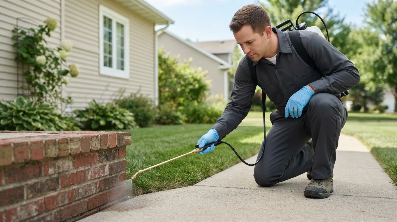 Pest control technician treating a home near Hebron, OH