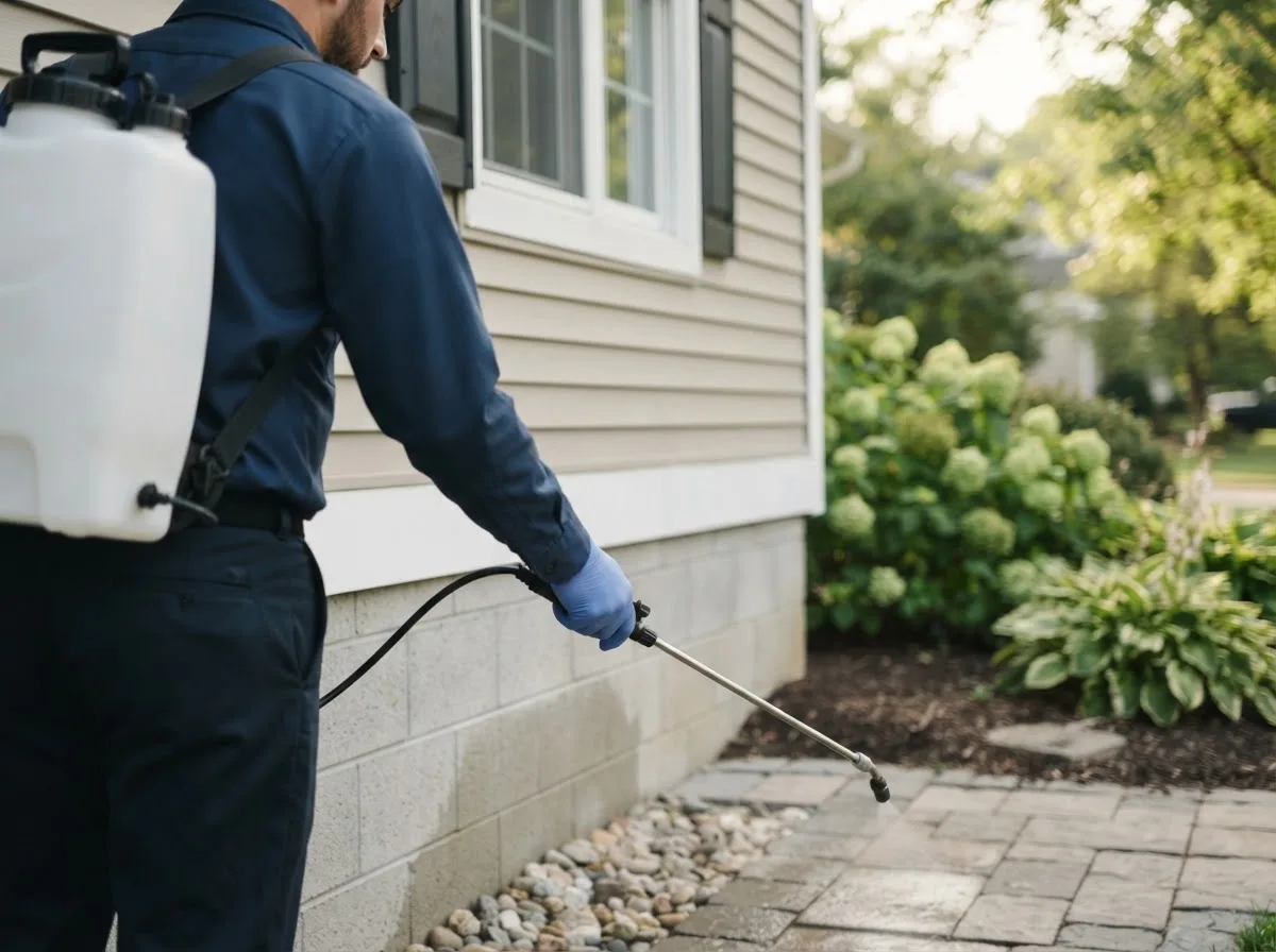 Pest control technician inspecting a home in Hebron, OH